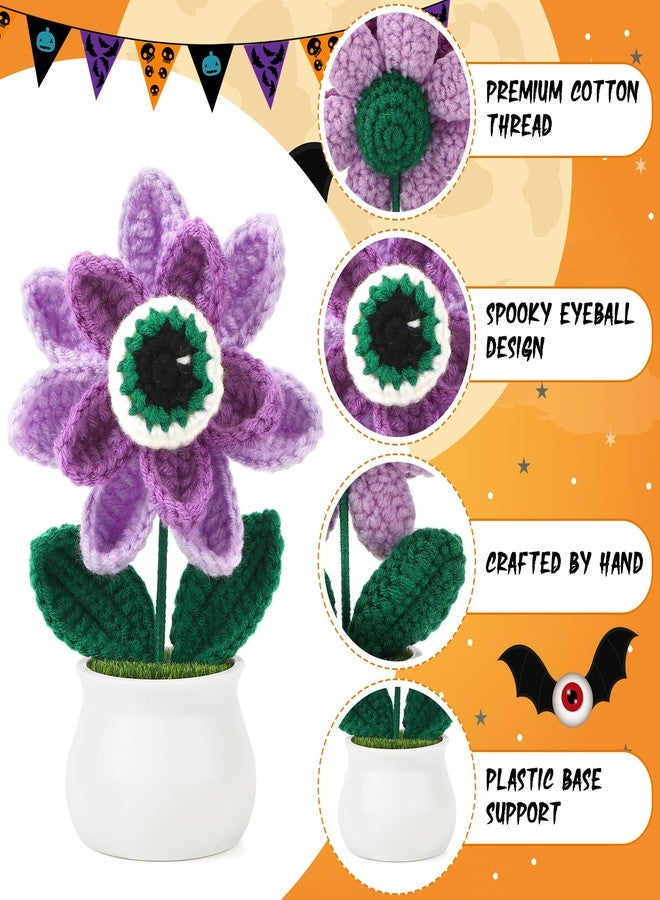 JULEASEL Halloween Spooky Eyeball Crochet Potted Flower - Handmade Purple Monster Plant with Eerie Eyeball, Creepy Home & Office Desk Decor, Gift for Friends, Family & Coworkers - Image 4
